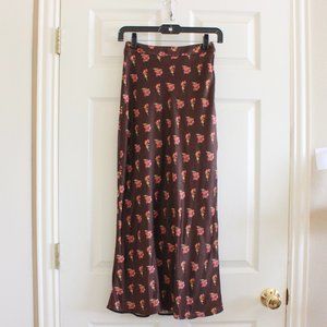 Something Navy Satin Midi Skirt Floral Print Brown